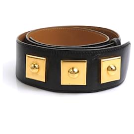 Hermès-Hermes Leather and Metal Belt-Black,Golden