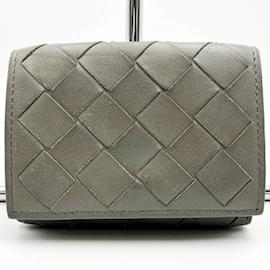 Bottega Veneta-Bottega Veneta Intrecciato Gray Leather Trifold Wallet-Brown