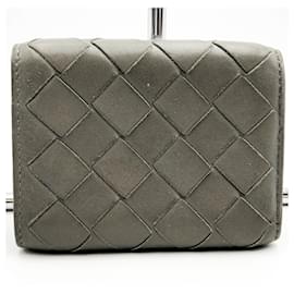 Bottega Veneta-Bottega Veneta Intrecciato Gray Leather Trifold Wallet-Brown