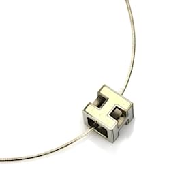 Hermès-Collier Pendentif Cagé Hermes H Cube-Argenté,Blanc cassé