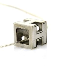 Hermès-Collier Pendentif Cagé Hermes H Cube-Argenté,Blanc cassé