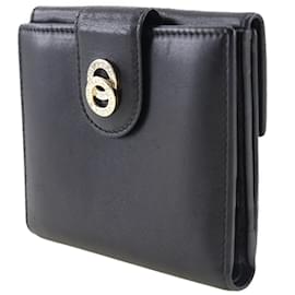 Bulgari-Portefeuille bifold pour femmes Bvlgari W Hook en cuir noir-Noir