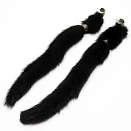 Yves Saint Laurent-Yves Saint Laurent Black Mink and Metal Drop Earrings-Black