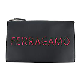 Salvatore Ferragamo-Salvatore Ferragamo Black Leather Studded Clutch Bag-Black