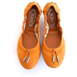 Tod's-Tod’s Orange Suede Scrunch Flexi Sole Ballet Flats-Orange