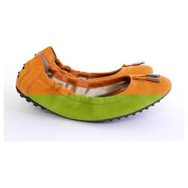Tod's-Tod’s Orange Suede Scrunch Flexi Sole Ballet Flats-Orange