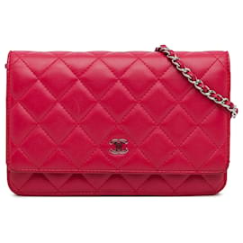 Chanel-Portefeuille sur chaîne en cuir d'agneau rose classique Chanel-Rose,Autre