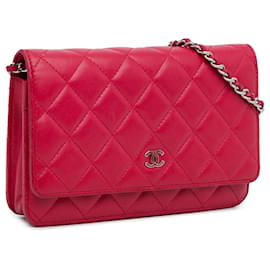 Chanel-Portefeuille sur chaîne en cuir d'agneau rose classique Chanel-Rose,Autre