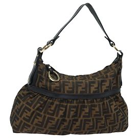 FENDI Zucca Canvas Shoulder Bag Brown Black Auth yk13964 Brown Black