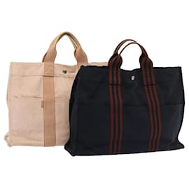 Hermès-HERMES Sac à main en toile 2Set Marine Beige Auth ti1907-Beige,Bleu Marine