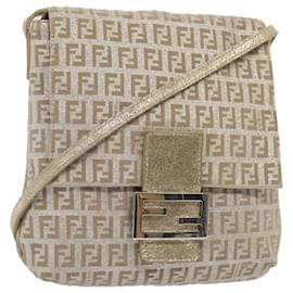 Fendi-FENDI Zucchino Canvas Shoulder Bag Silver Auth 83685-Silvery