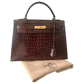 Hermès-Sac à main kelly 32 crocodile porosus marron-Marron