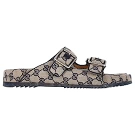 Gucci-Gucci GG Supreme Double-Strap Sandals In Beige Canvas-Beige