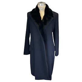 Kiton Navy Blue / Black Mink Fur Trimmed Cashmere Coat Navy blue