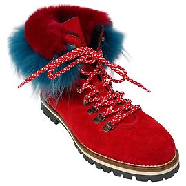Mr & Mrs Italy Red / Blue Fox Fur Trimmed Shearling Lined Suede Boots Red