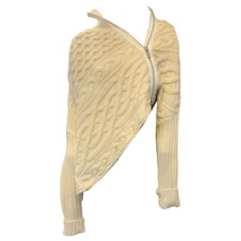 Sacai-Sacai Off-White Asymmetric Zip Detail Cable Knit Wool Sweater-Cream