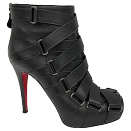 Christian Louboutin-Christian Louboutin Black Strap Detail High Heeled Leather Booties-Black