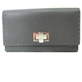 Fendi-Fendi Leather Selleria Peekaboo Wallet-Grey