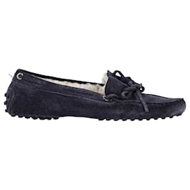 Tod's-Tod's  Fur-Lined Loafers in Navy Blue Calfskin Suede-Blue,Navy blue