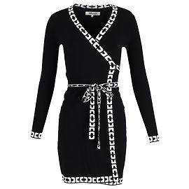 Diane Von Furstenberg Printed Edges Wrap Dress in Black Wool Black