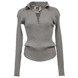 Grau Wolle Rippstrick V-Ausschnitt mit Bindeband Pullover von Jean Paul Gaultier Grau