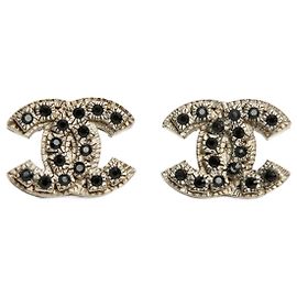 Chanel PE08 CC Silver Metal Black Diamond Stud Earrings Silvery