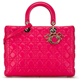 Dior-Sac à main Lady Dior Cannage en cuir d'agneau rose grand modèle-Rose