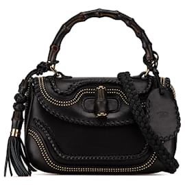 Gucci-Sac à main en bambou noir Gucci moyen à clous avec pompon-Noir