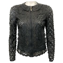 Jaqueta de couro preto com ilhós florais Elie Saab Preto