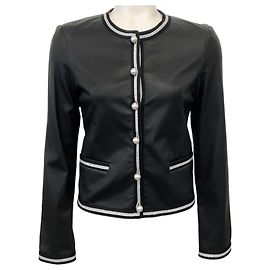 Autre Marque Susan Bender Black Leather Jacket with Pearl Buttons and Silver Trim Black