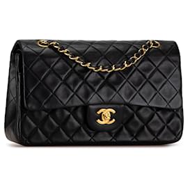 Chanel-Sac à épaule Chanel Medium Classic en cuir d'agneau noir à double rabat-Noir