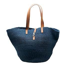 Saint Laurent-Saint Laurent Panier Tote Moyen en Cuir de Veau en Raphia Marine-Bleu