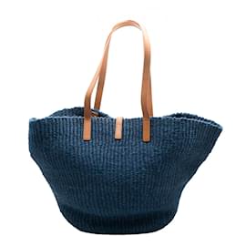 Saint Laurent-Saint Laurent Panier Tote Moyen en Cuir de Veau en Raphia Marine-Bleu