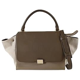 Céline-Sac à épaule Trapèze Céline en lin et cuir-Marron,Beige