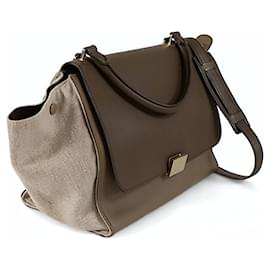 Céline-Sac à épaule Trapèze Céline en lin et cuir-Marron,Beige