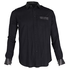 Camicia a maniche lunghe Saint Laurent con colletto e polsini in pelle in cotone nero Nero