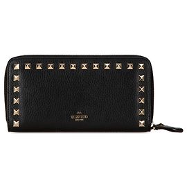 Cartera larga de cuero Valentino Black Rockstud con cierre alrededor Negro