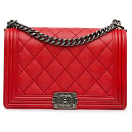 Chanel-Sac à épaule Boy Flap Medium en cuir d'agneau rouge à double couture Chanel-Rouge