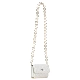 Chanel-Clutch Maxi en Cuir Matelassé Blanc Chanel avec Perles et Chaîne Bandoulière-Blanc