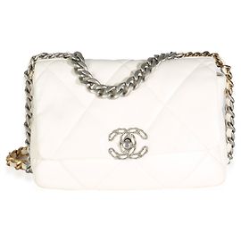 Bolsa Chanel 19 pequena em couro de cordeiro acolchoado branco Branco