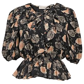 Ulla Johnson- Ulla Johnson Floral Print V-Neck Blouse in Black Cotton-Black