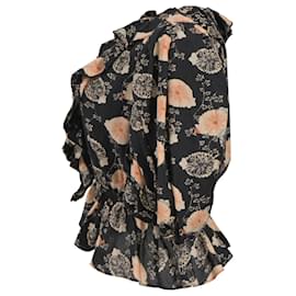 Ulla Johnson- Ulla Johnson Floral Print V-Neck Blouse in Black Cotton-Black