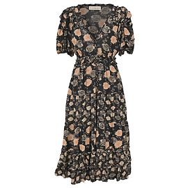 Abito midi con scollo a V in stampa floreale e dettagli a volant in cotone nero Ulla Johnson Nero