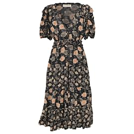 Ulla Johnson- Ulla Johnson Midi V-Neck Floral Print With Ruffle Details Dress in Black Cotton-Black