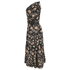 Ulla Johnson- Ulla Johnson Midi V-Neck Floral Print With Ruffle Details Dress in Black Cotton-Black