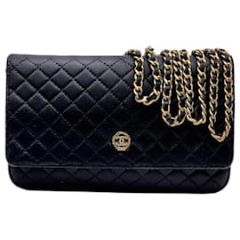 Chanel-Chanel Black Quilted Lambskin Chanel Crest Wallet on Chain-Black
