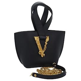 Versace-Bolsa de mão em couro VERSACE 2 vias preta Auth 83933-Preto