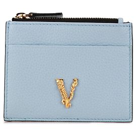 Versace Blue Leather Virtus Logo Card Holder Blue Light blue