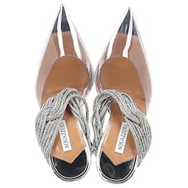 Aquazzura-Aquazzura Instinct 75 Embellished Pumps in Silver Leather and PVC-Silvery,Metallic