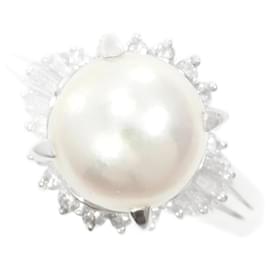 Autre Marque-PT900 Platinum Ring with 9mm Pearl and 0.32ct Diamond in Excellent Condition-Other